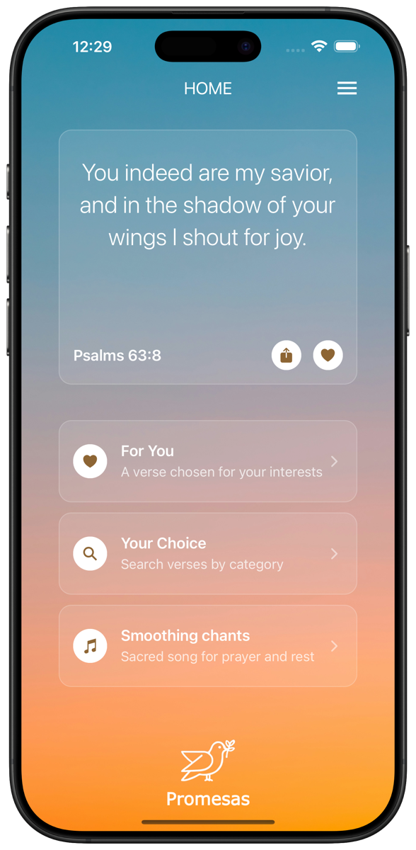 Promesas home screen with a verse curated by the Promesas team