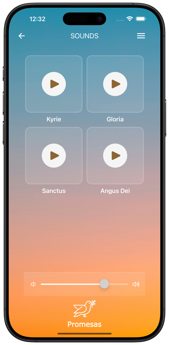 Sounds screen with Kyrie, Gloria, Sanctus and Agnus Dei