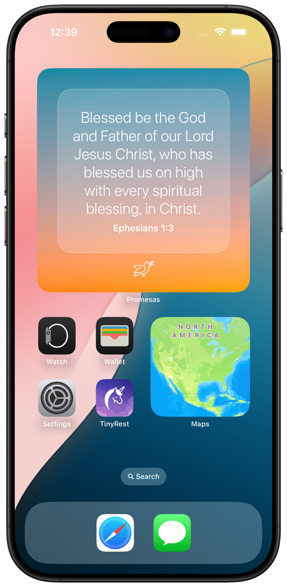 Promesas widget on the iPhone home screen showing Ephesians 1:3
